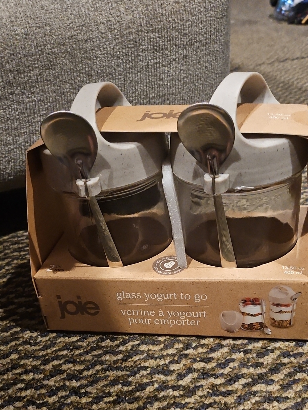 Joie Glass Yogurt To Go Set with Brown Lids and Spoons